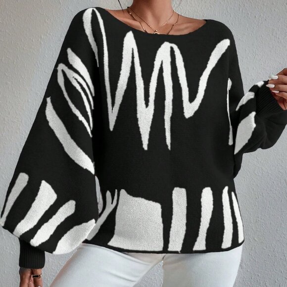 black white Casual Women's Striped Pattern Batwing Sleeve Loose Pullover Sweater - Picture 3 of 7